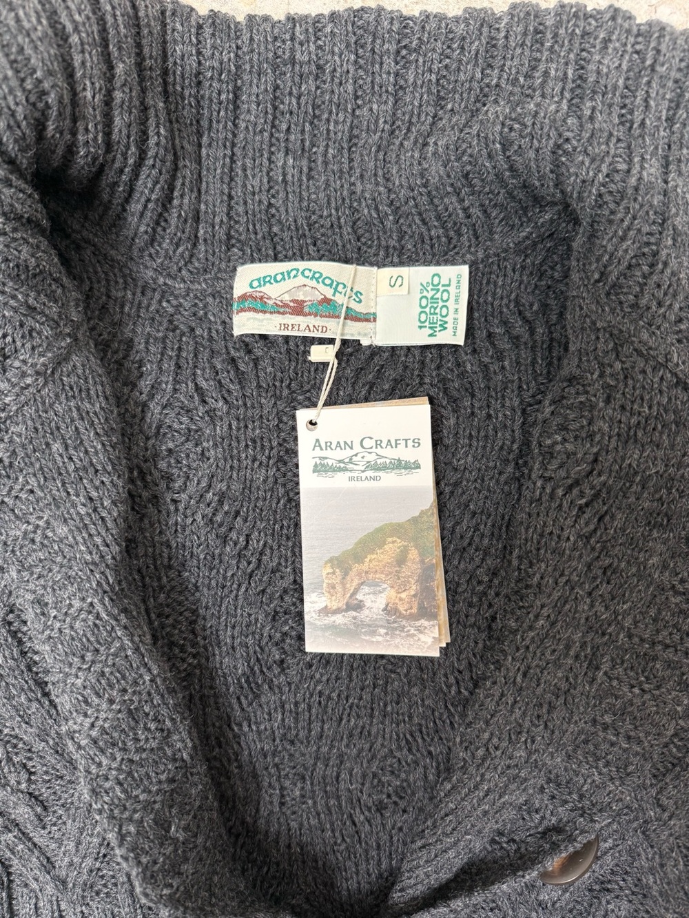 Aran Crafts Ireland 100% Meriono Wool Charcoal Flared cable knit coat - Size: S - Picture 8 of 11